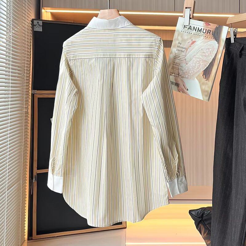 Women's new loose contrasting striped lapel shirt