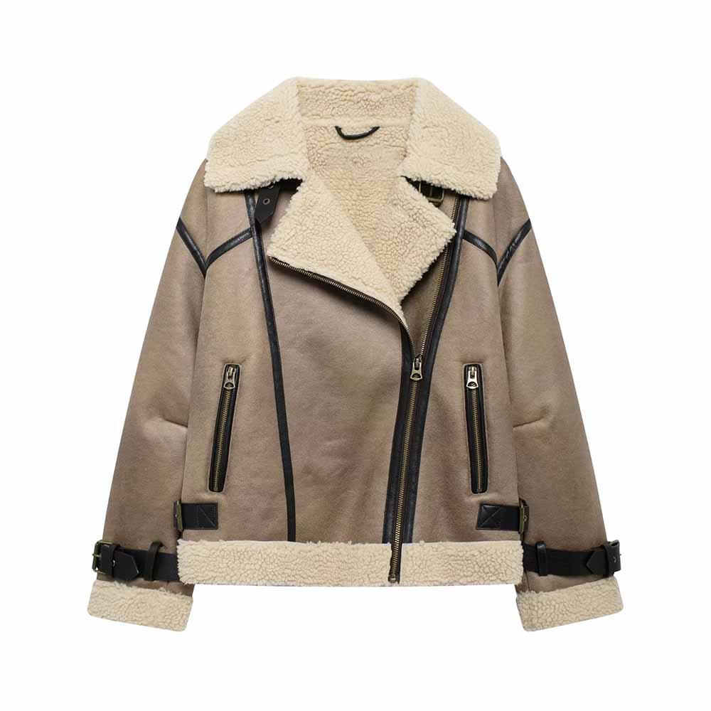 Women's winter fashion With pocket loose double-sided Fur Faux Leather jacket Coat retro long sleeved women's Coat chic top