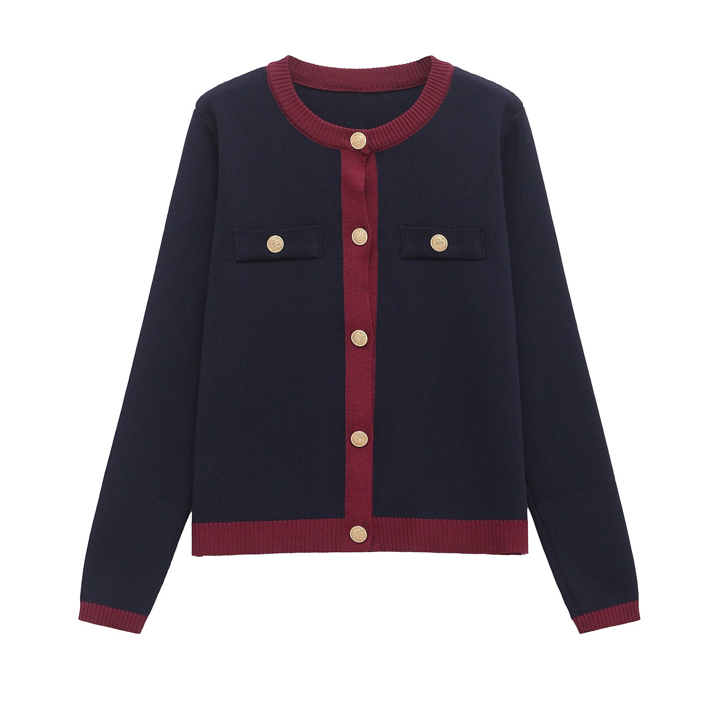 Women's new versatile fashion O-neck gold button knitted long sleeve cardigan