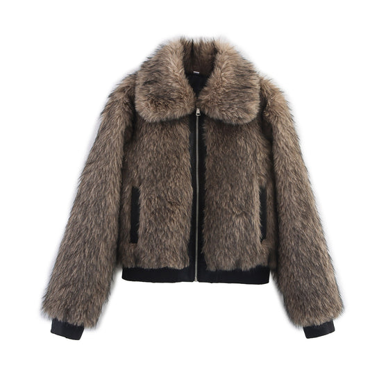 Women's 2025 new fashion contrasting Fur Faux Leather jacket Coat