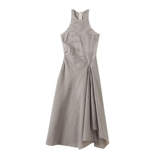 Women's chic Fashion irregular hem sleeveless plaid MIDI dress