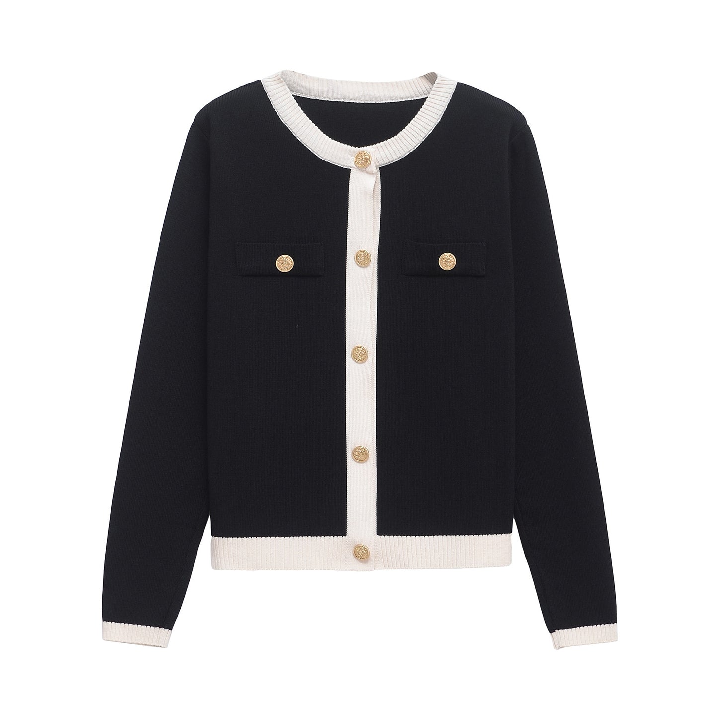 Women's new versatile fashion O-neck gold button knitted long sleeve cardigan