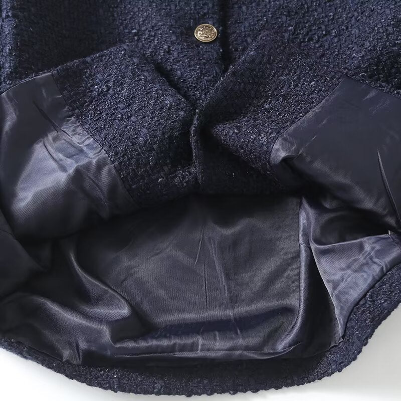 Women's gold button decoration short O Neck textured Coat