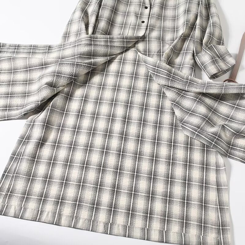 Women's new fashion casual long style V-neck plaid shirt