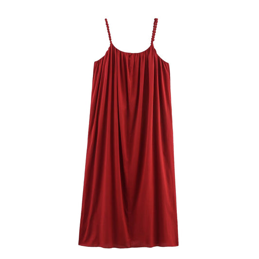 Women's new fashion wide pleated sleeveless beaded suspender MIDI dress