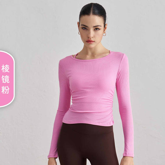 Women's New Ribbed Nude Yoga Clothes Pleated Slim Round Tie Finger Sleeve Fitness Long Sleeve Top
