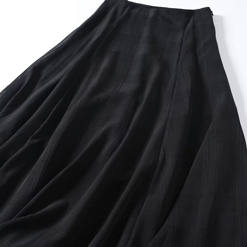 Women's New Fashion draped texture Plaid wide swing MIDI skirt