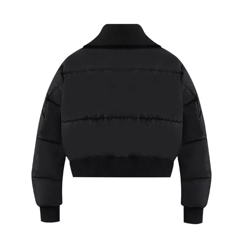 Women's black ribbed lapel down cotton Coat