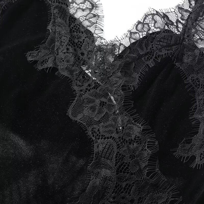 Women's asymmetrical velvet lace suspender dress