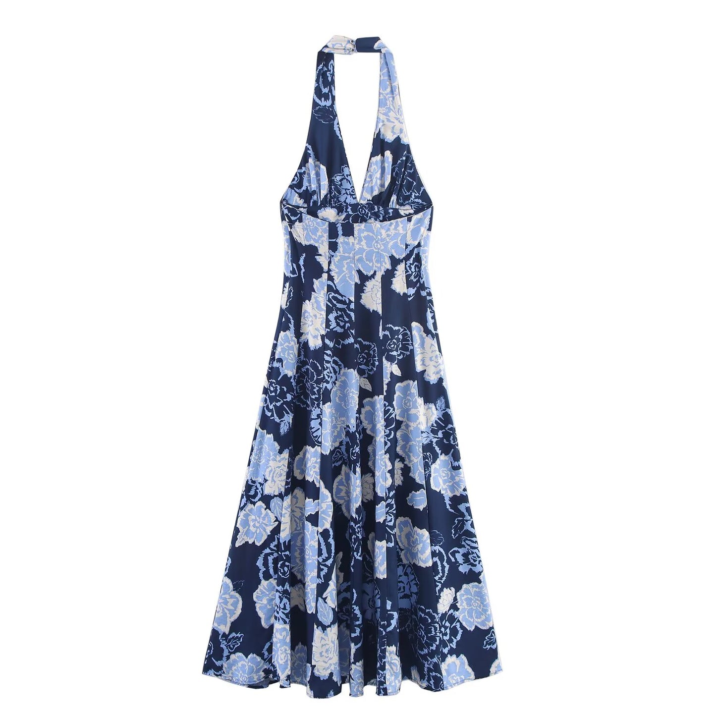 Women's new fashion printed backless hanging neck MIDI dress
