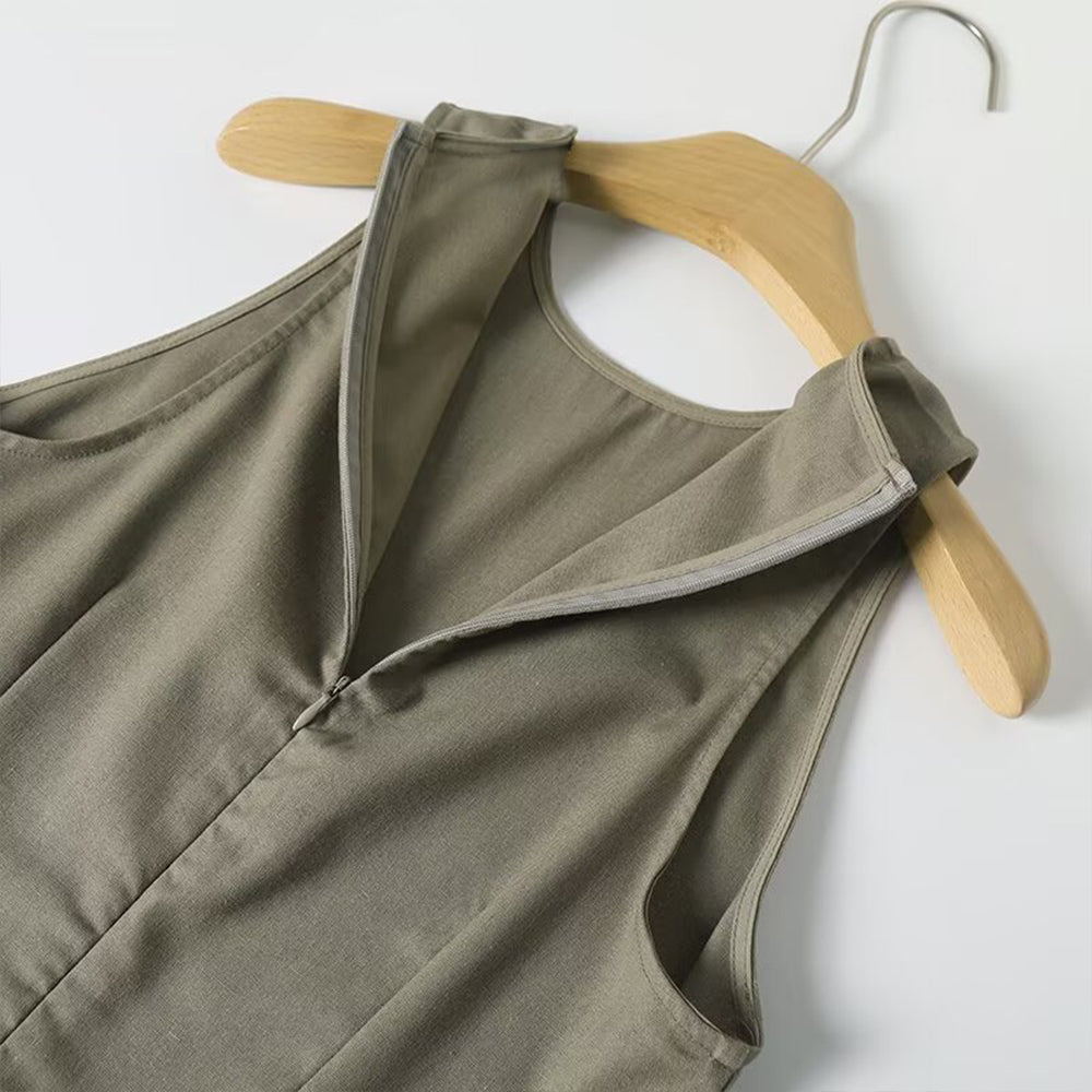 Women's new fashion ribbon decoration sleeveless linen blended MIDI dress