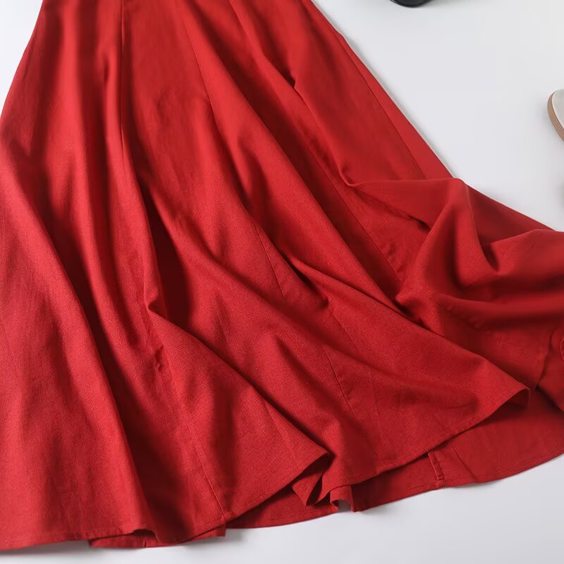 Women's New Fashion Linen Blended V-neck Wide Swing Midi Dress