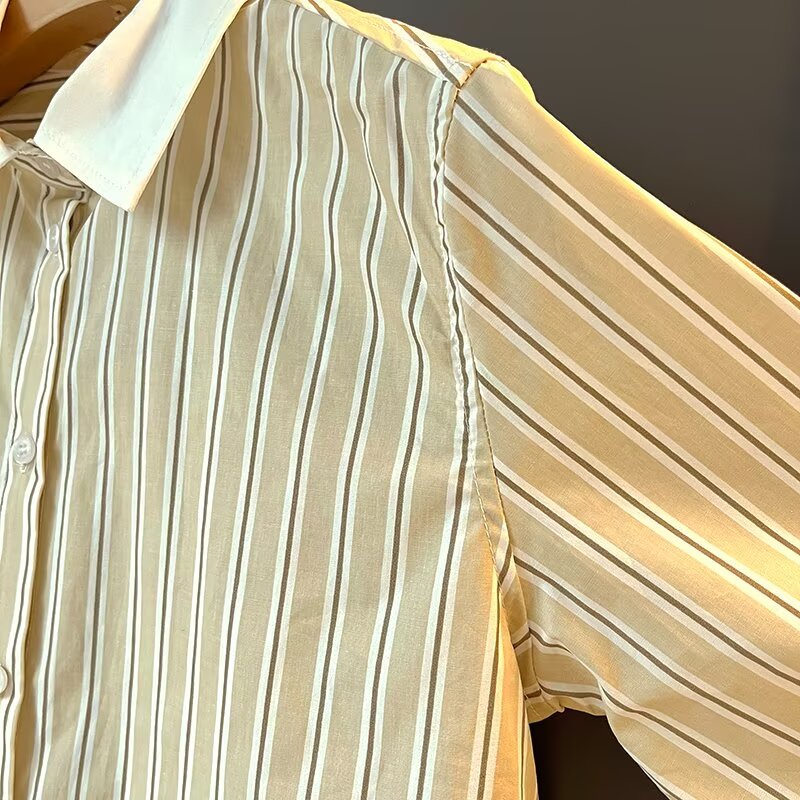 Women's new loose contrasting striped lapel shirt