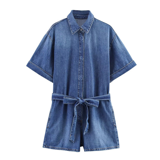 Women's new fashion with Belt short sleeved denim jumpsuit