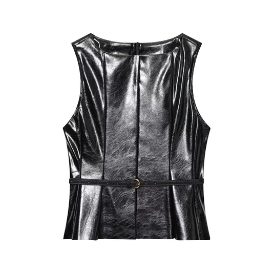 Women's new with Belt sleeveless faux leather effect vest top