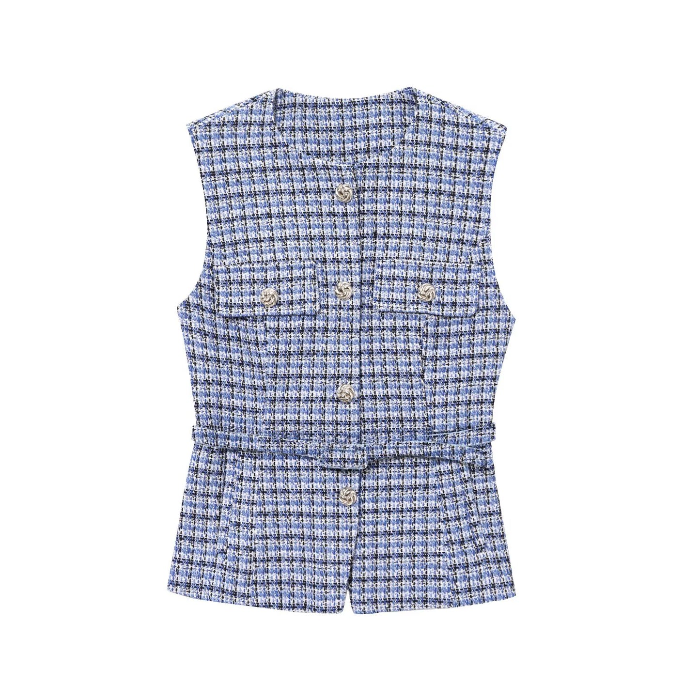 Women's new fashion with Belt bead decoration sleeveless textured vest