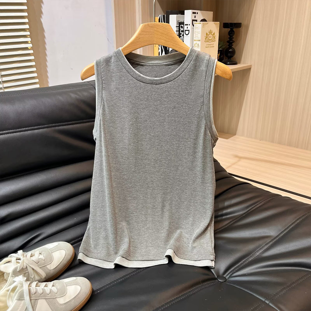 Women's New Fashion Two tone Edge O Neck Sleeveless vest T-shirt