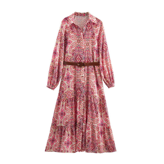 Women's new chic Fashion With Belt loose shirt style printed MIDI dress retro long sleeved button up women's dress Mujer