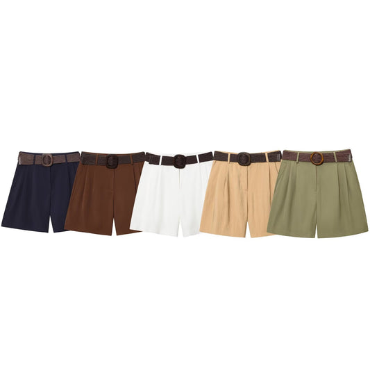 Women's chic Fashion With Belt casual side pocket pleated shorts