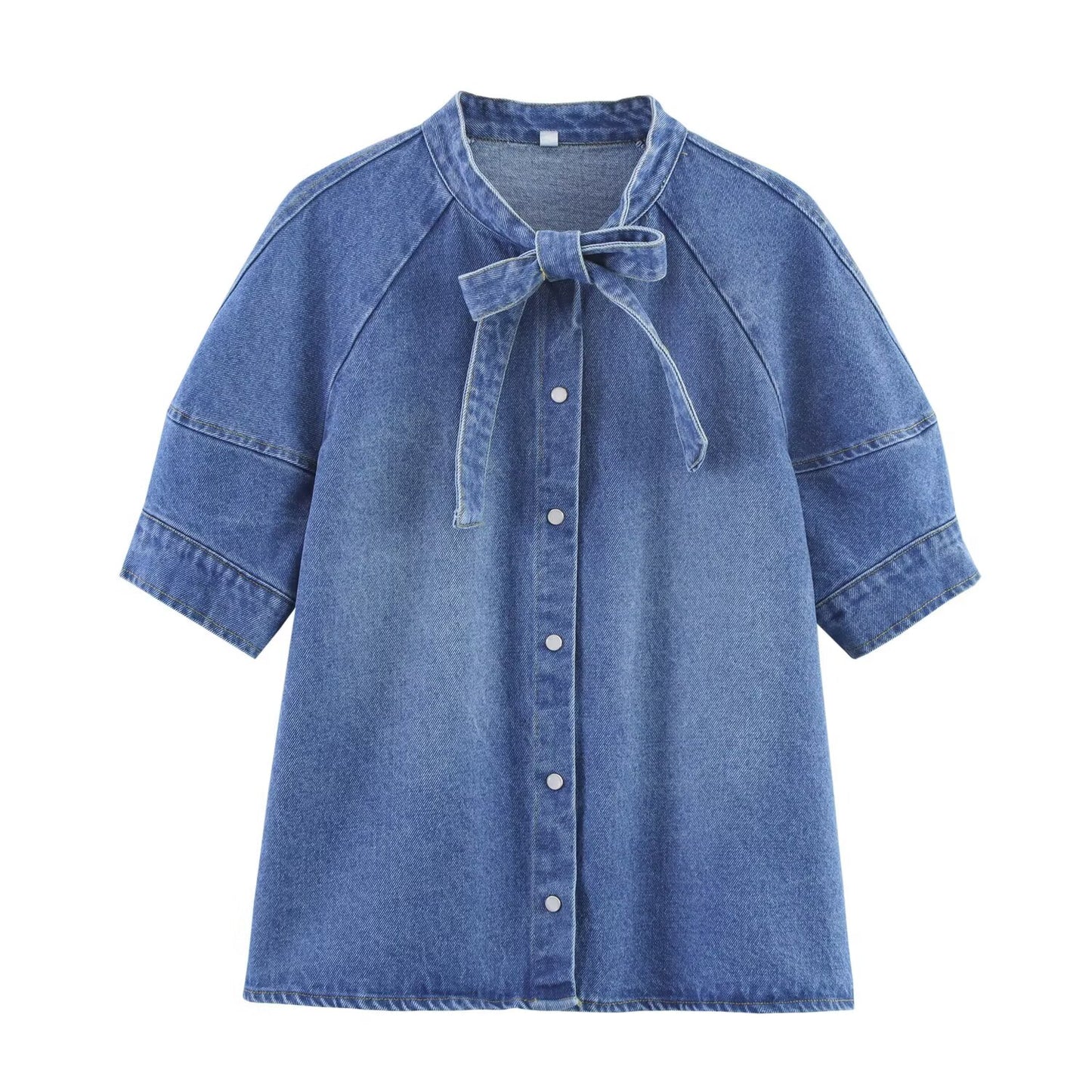Women's new fashion bow decoration short sleeved denim shirt+Skirts suit