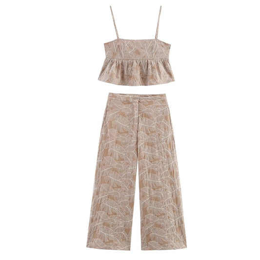 Women's Summer fashion short embroidered suspender top+Pants suit