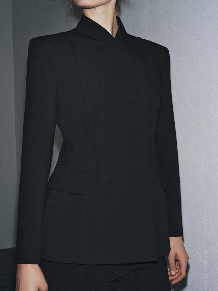 Women's 2025 new fashion black slim stand collar suit jacket+Pants suit