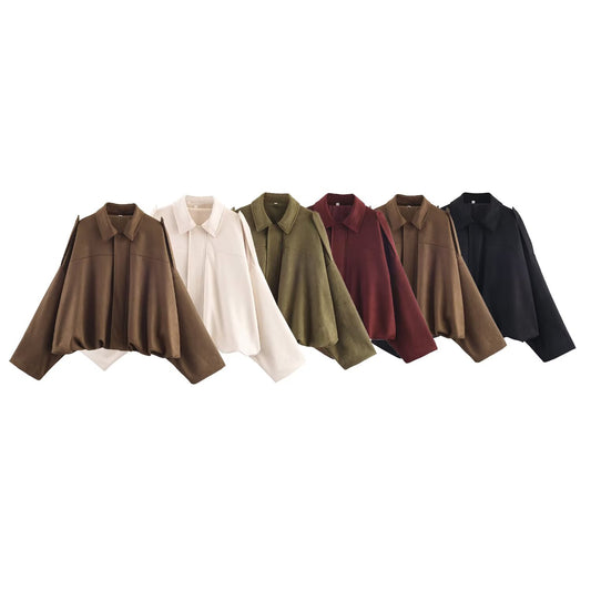 Women's new fashion faux suede effect loose bat sleeves flight jacket Coat