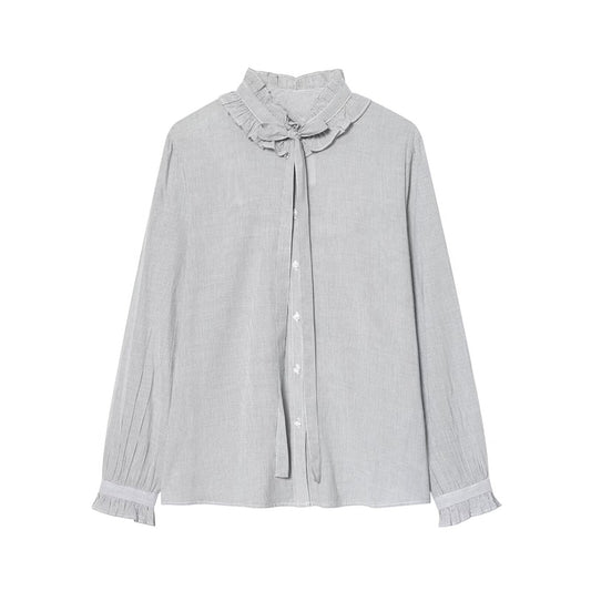 Women's bow decoration long sleeved striped top