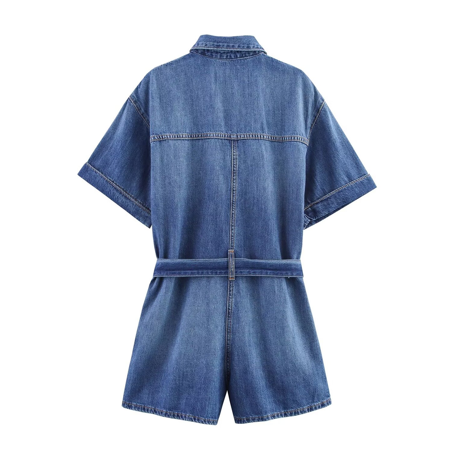 Women's new fashion with Belt short sleeved denim jumpsuit