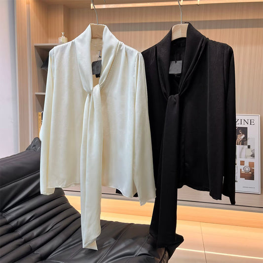 Women's new fashion ribbon decoration long sleeved V-neck draped shirt