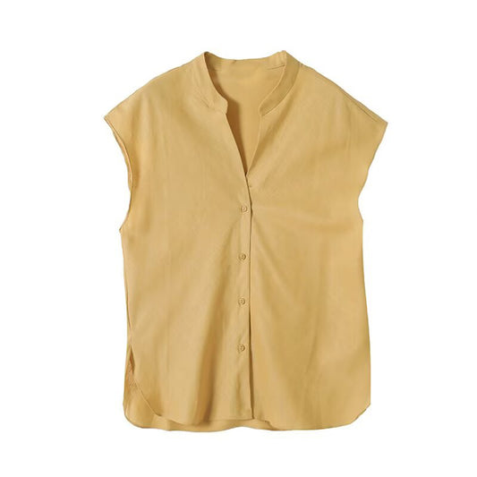 Women's 2025 chic Fashion sleeveless linen blend V-neck shirt