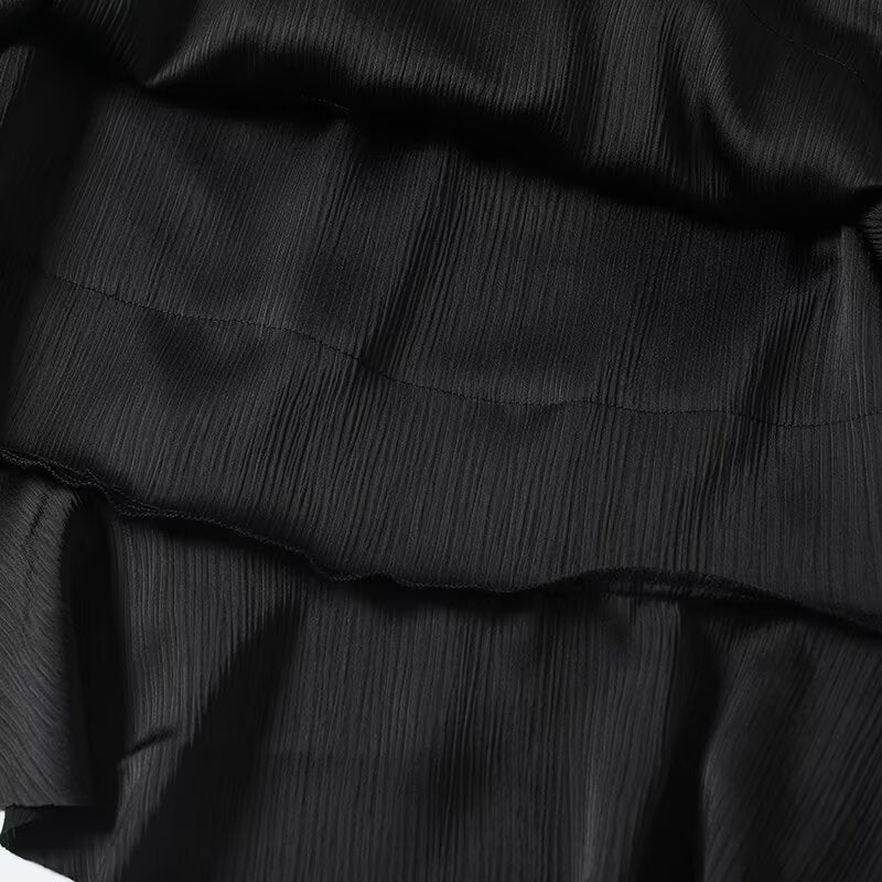 Women's new fashion black ruffled draped MIDI skirt