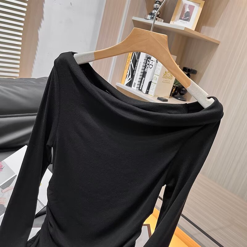 Women's new fashion slanted collar off shoulder knitted T-shirt