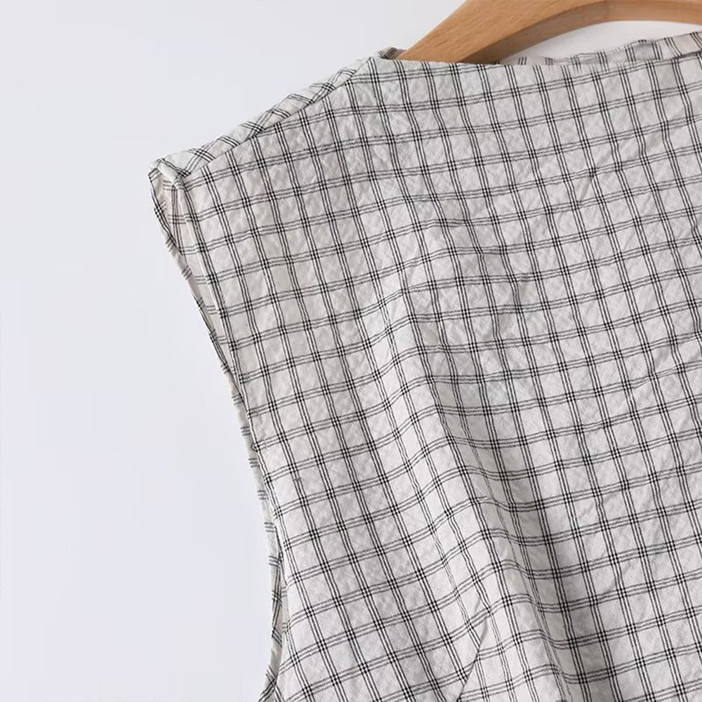 Women's 2025 new fashion draped collar plaid sleeveless shirt