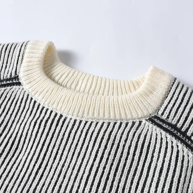 Men's New Fashion and Leisure Joker Striped Contrast Retro Loose Round Neck New Sweater Pullover Autumn and Winter Lazy Sweater