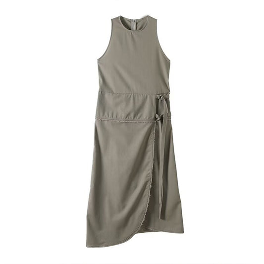 Women's new fashion ribbon decoration sleeveless linen blended MIDI dress