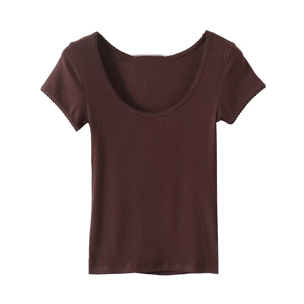 Women's new fashion lace edged O Neck short sleeved T-shirt