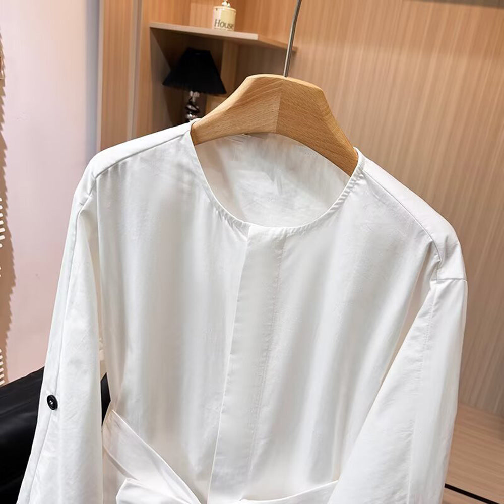 Women's new fashion with Belt round neck shirt style MIDI dress