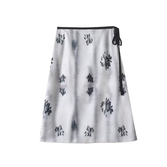 Women's new fashion Knot Lace up waist design printed MIDI skirt