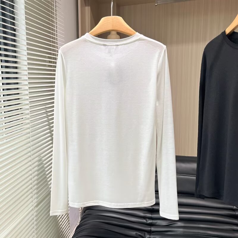Women's New Fashion Long Sleeve Cotton Micro Transparent T-shirt Top