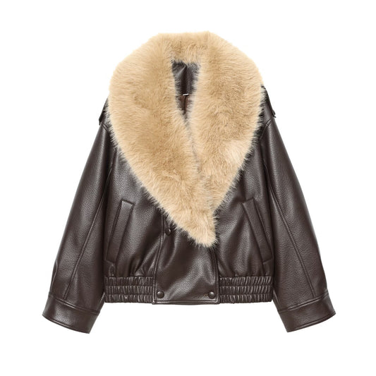 Women's detachable fur collar Faux Leather jacket Coat