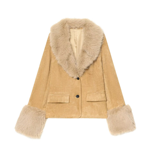 Women's suede Fur Faux Leather effect Blazer Coat