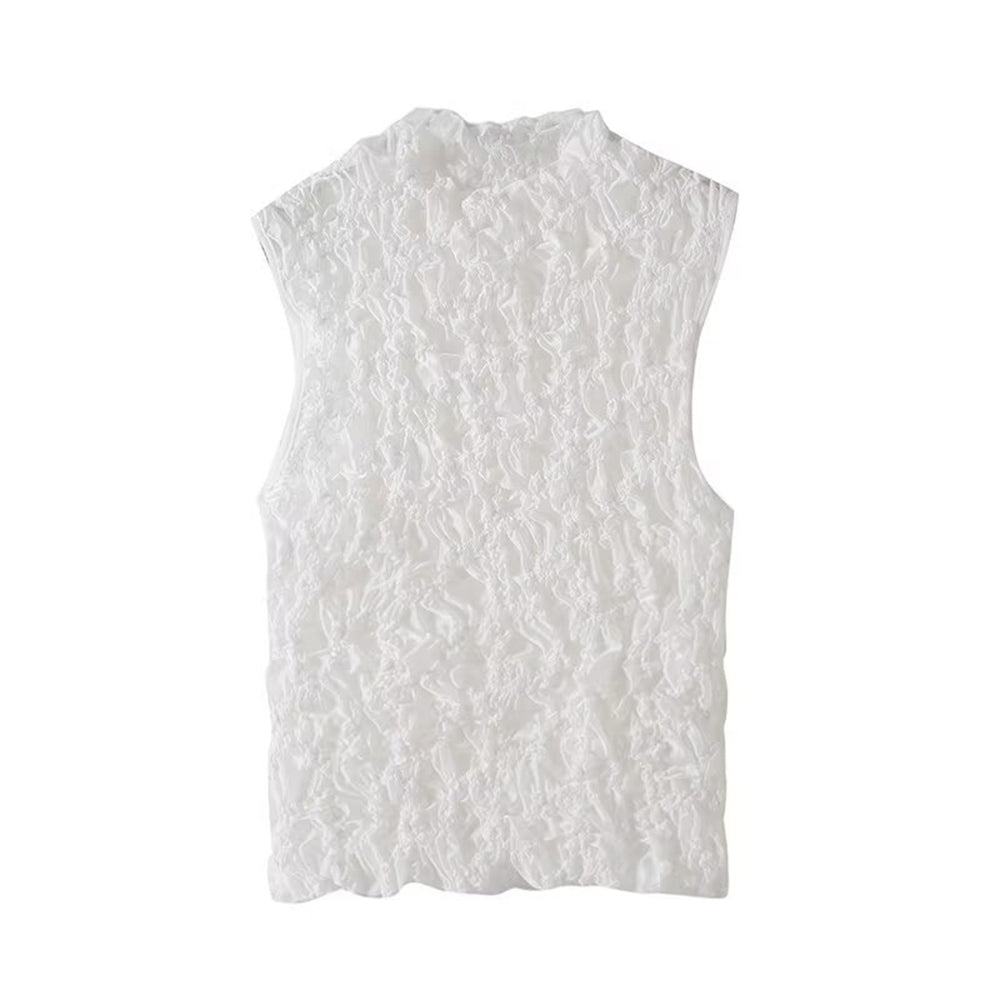 Women's new fashion embroidered pleated half high neck sleeveless T-shirt top