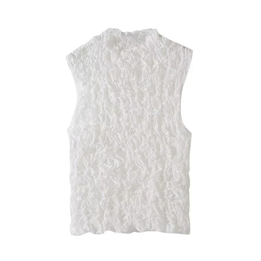 Women's new fashion embroidered pleated half high neck sleeveless T-shirt top