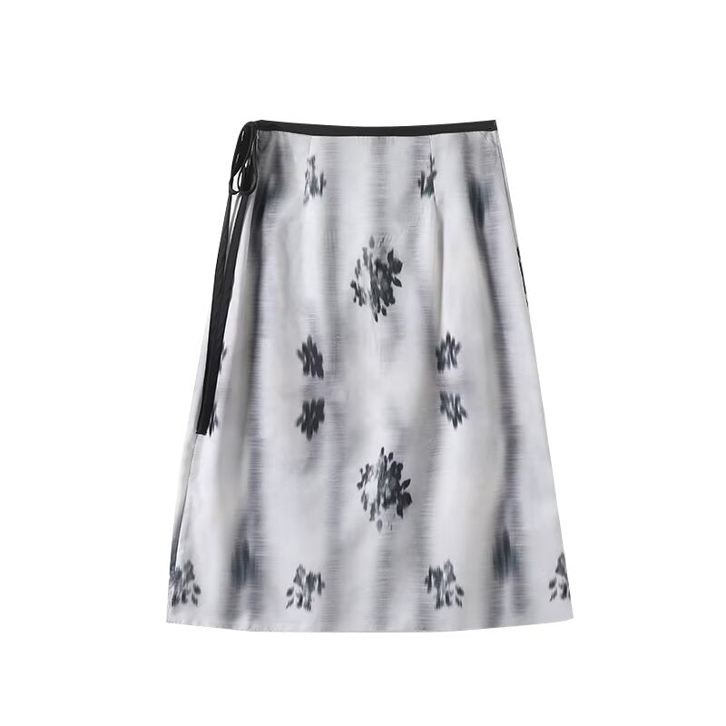 Women's new fashion Knot Lace up waist design printed MIDI skirt