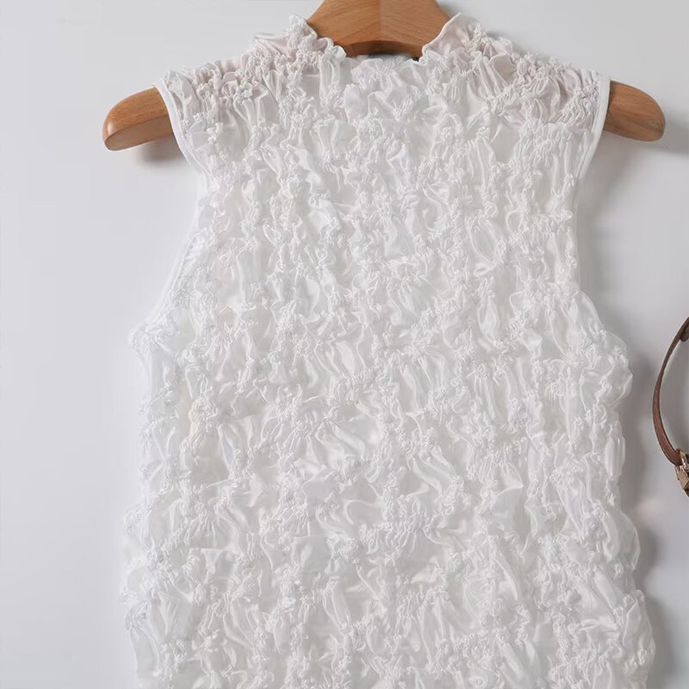 Women's new fashion embroidered pleated half high neck sleeveless T-shirt top