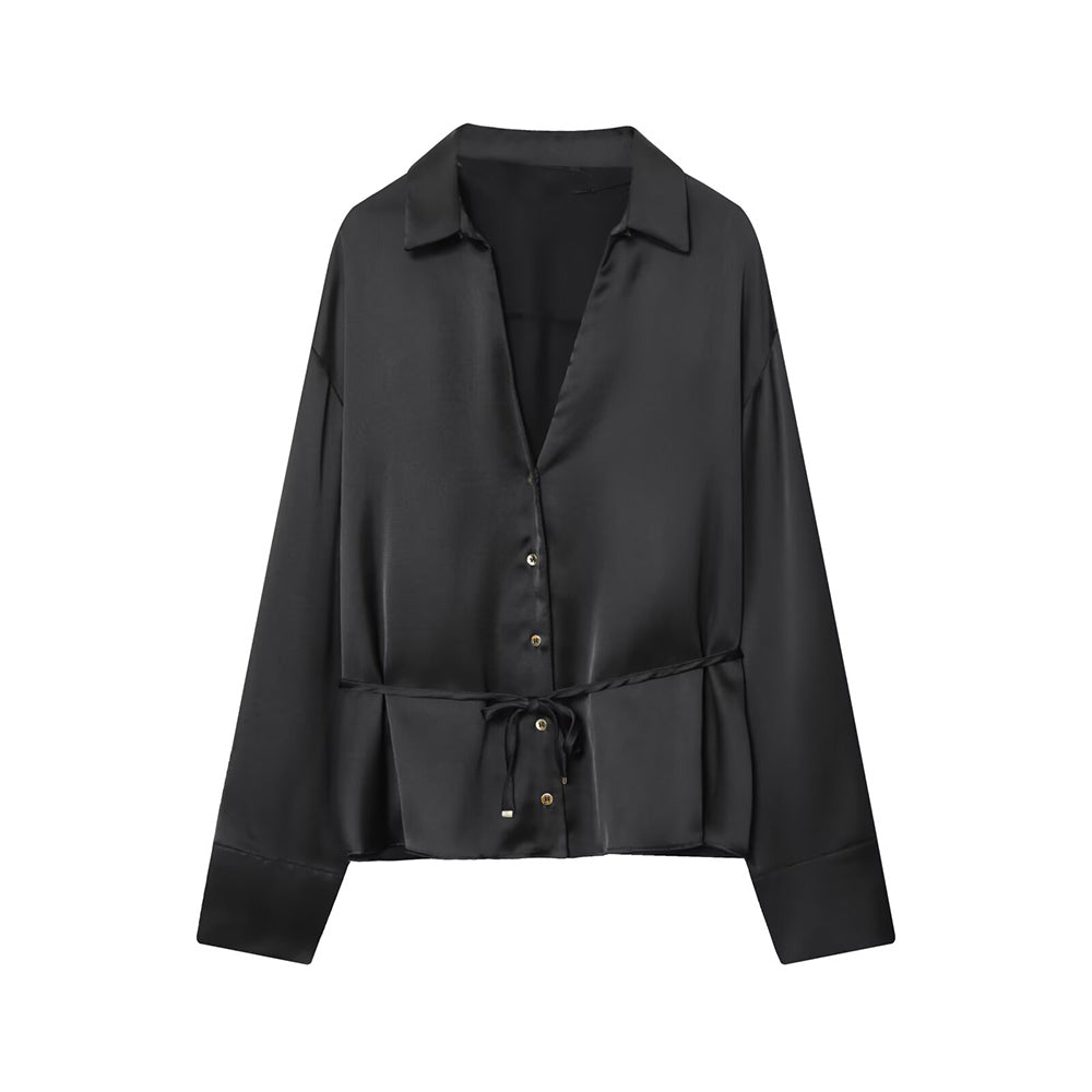 Women's New Fashion With Belt Satin Texture Lapel Shirt
