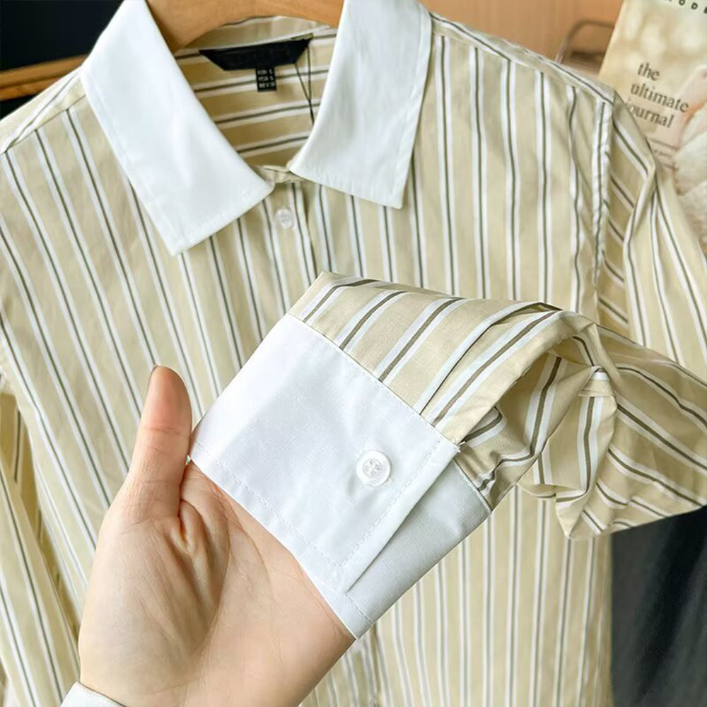 Women's new loose contrasting striped lapel shirt
