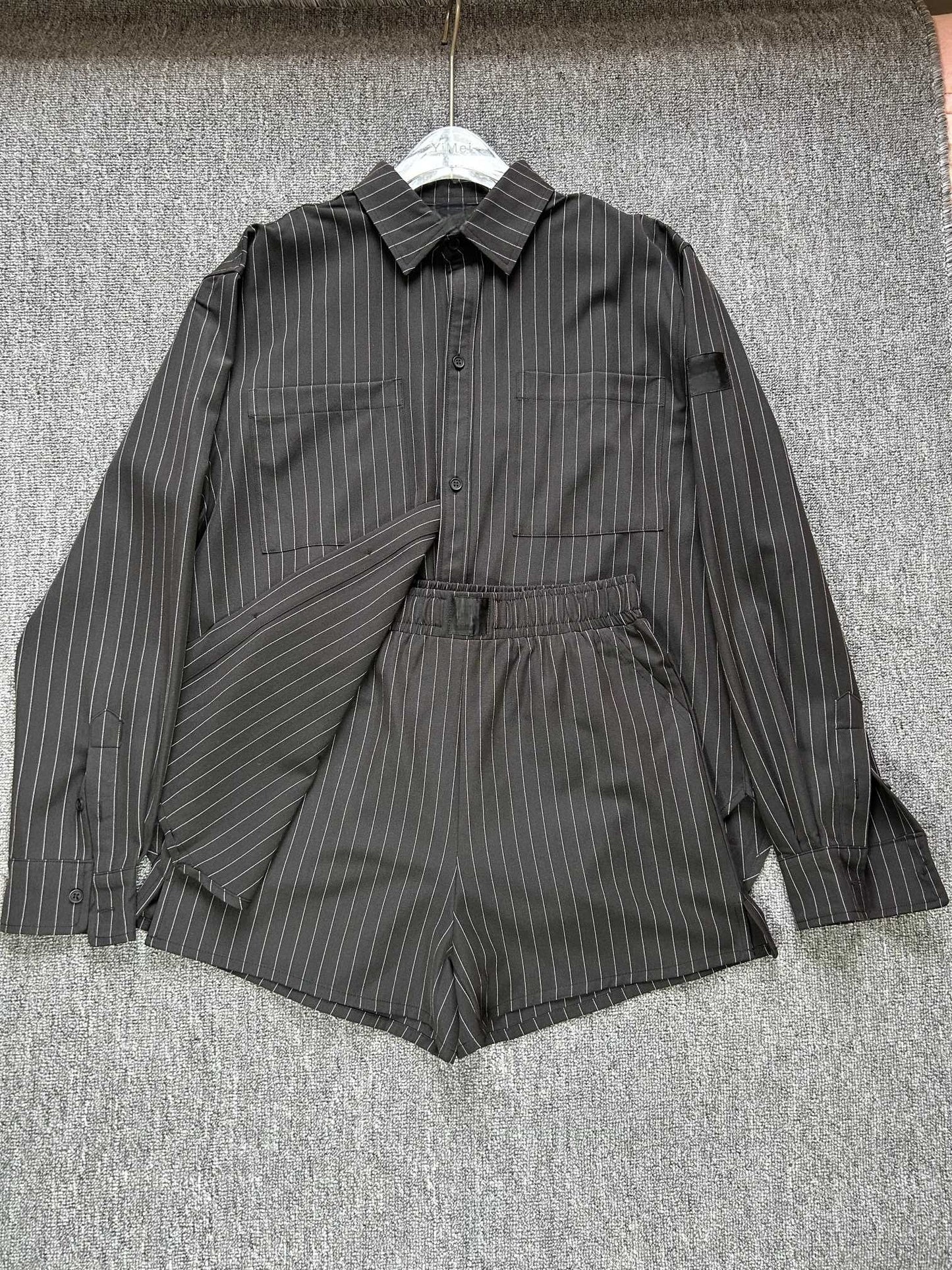 Women's new versatile striped long-sleeved shirt + shorts set
