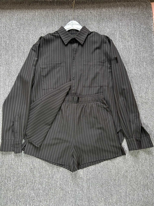 Women's new versatile striped long-sleeved shirt + shorts set